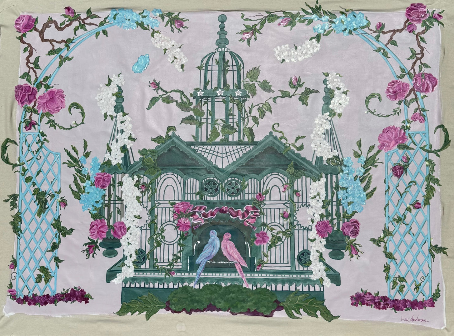 Sanctuary in Bloom by Lee Anderson Barnett, acrylic on raw canvas, 82”x62”