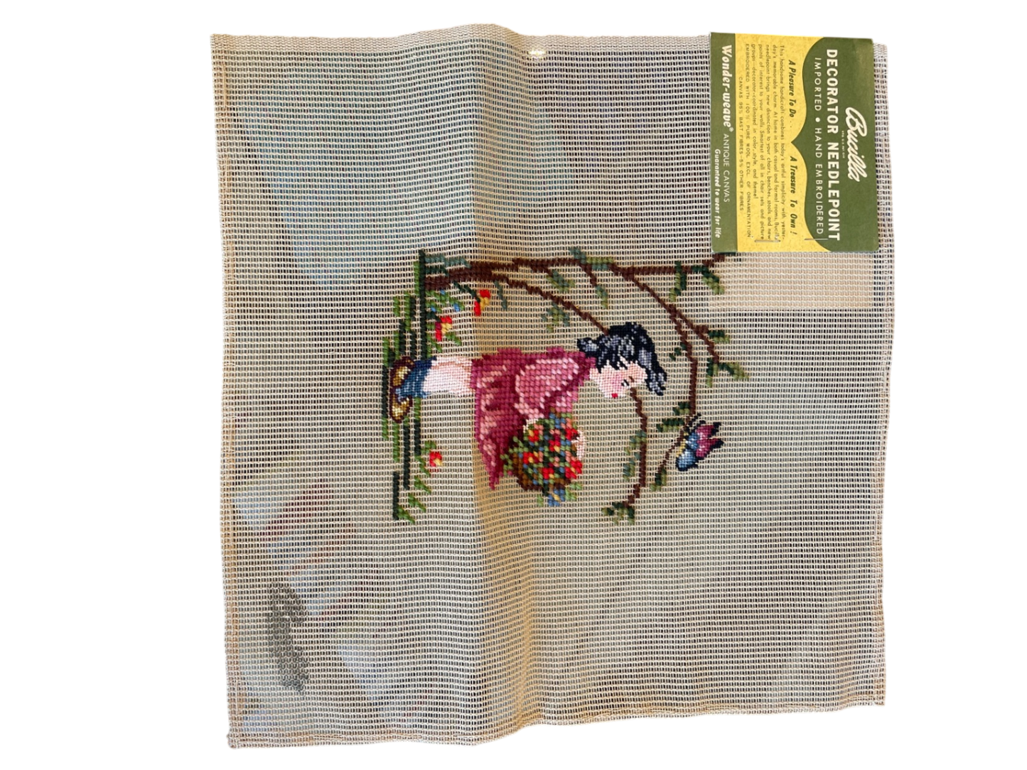 Needlepoint Textile Art small Beige, Pink, Blue, Green, Red, Black