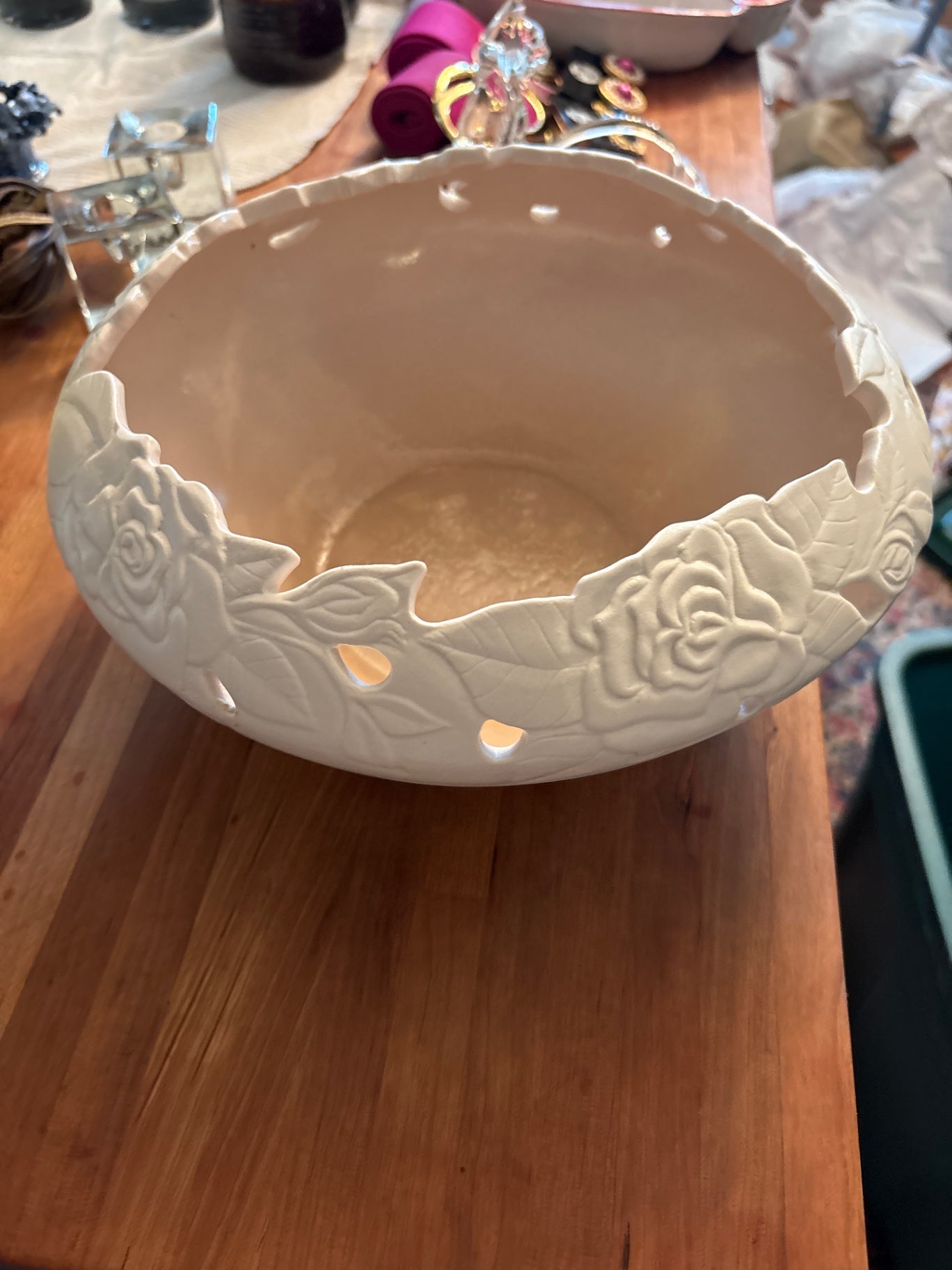 Cream Rosette Carved Bowl Large