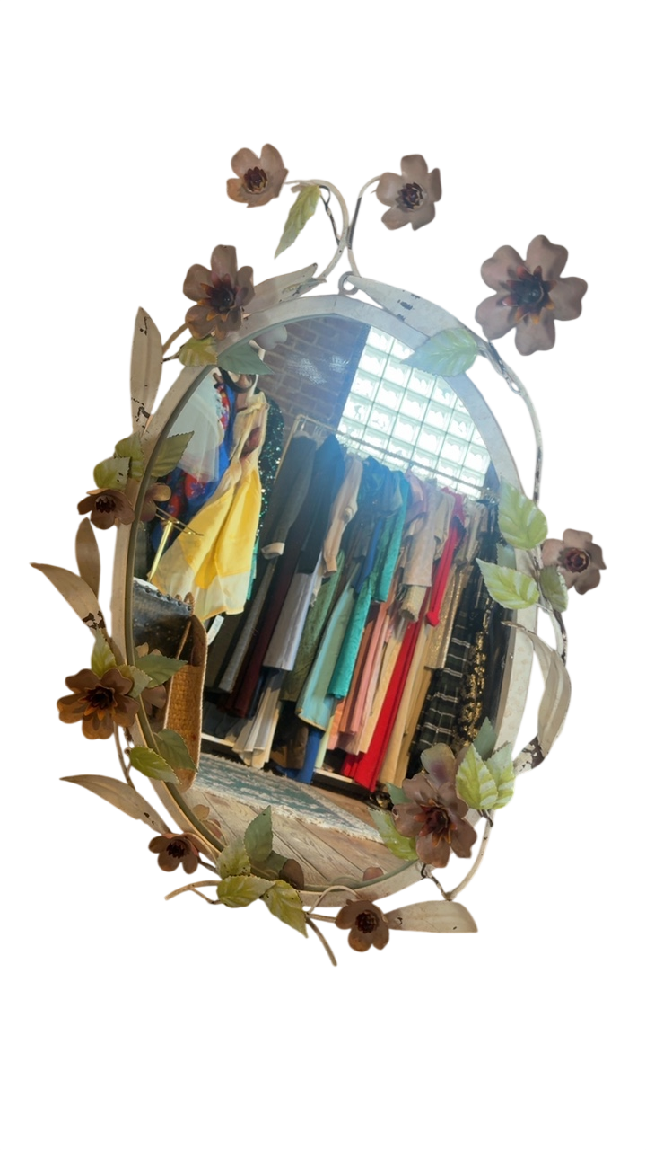 Vintage Tole Pink Floral Mirror