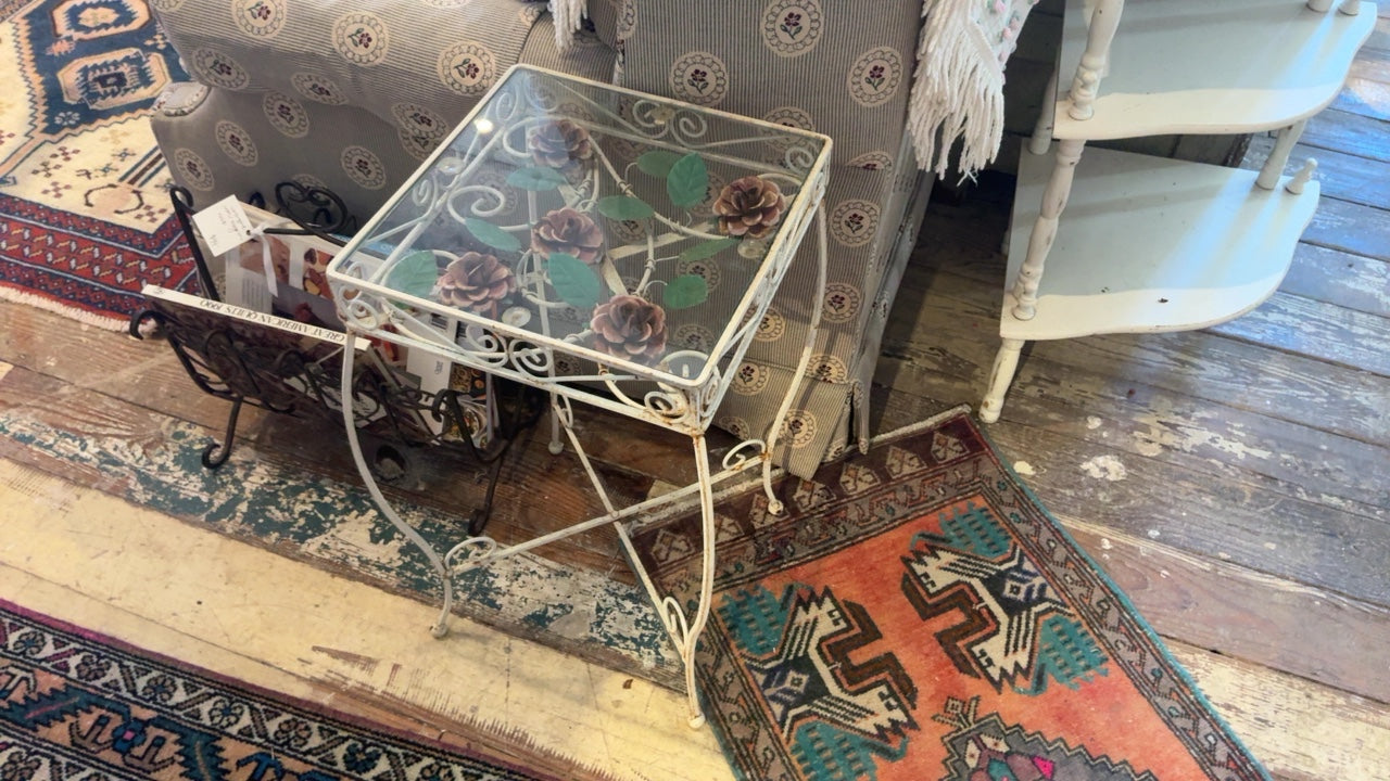 Pair of 2 Glass Top Floral Metal Side Tables