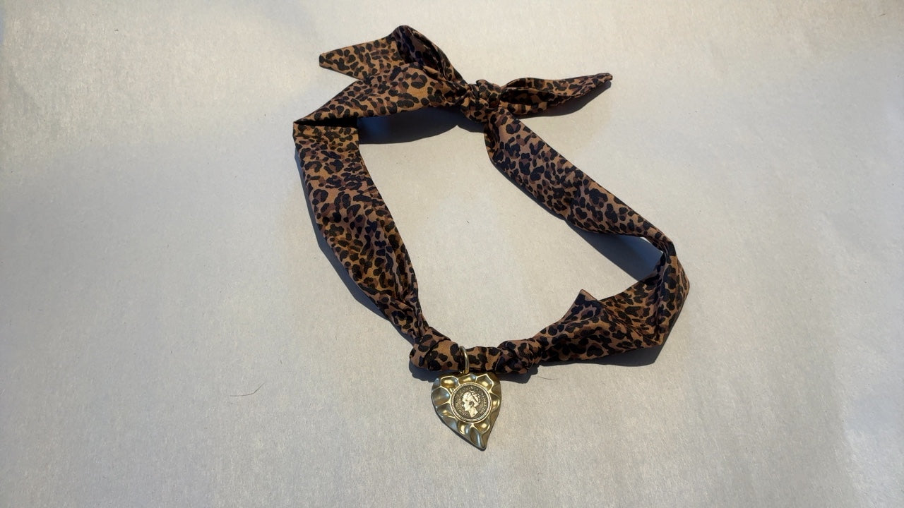 Heart Coin Pendant with Black Leopard Scarf