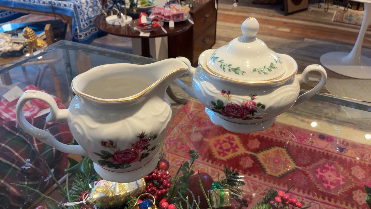 Pink Rose Sugar Dish and Creamer Set