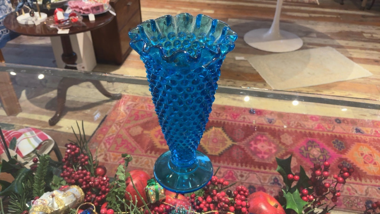Blue Glass Scalloped Hobnail Vase