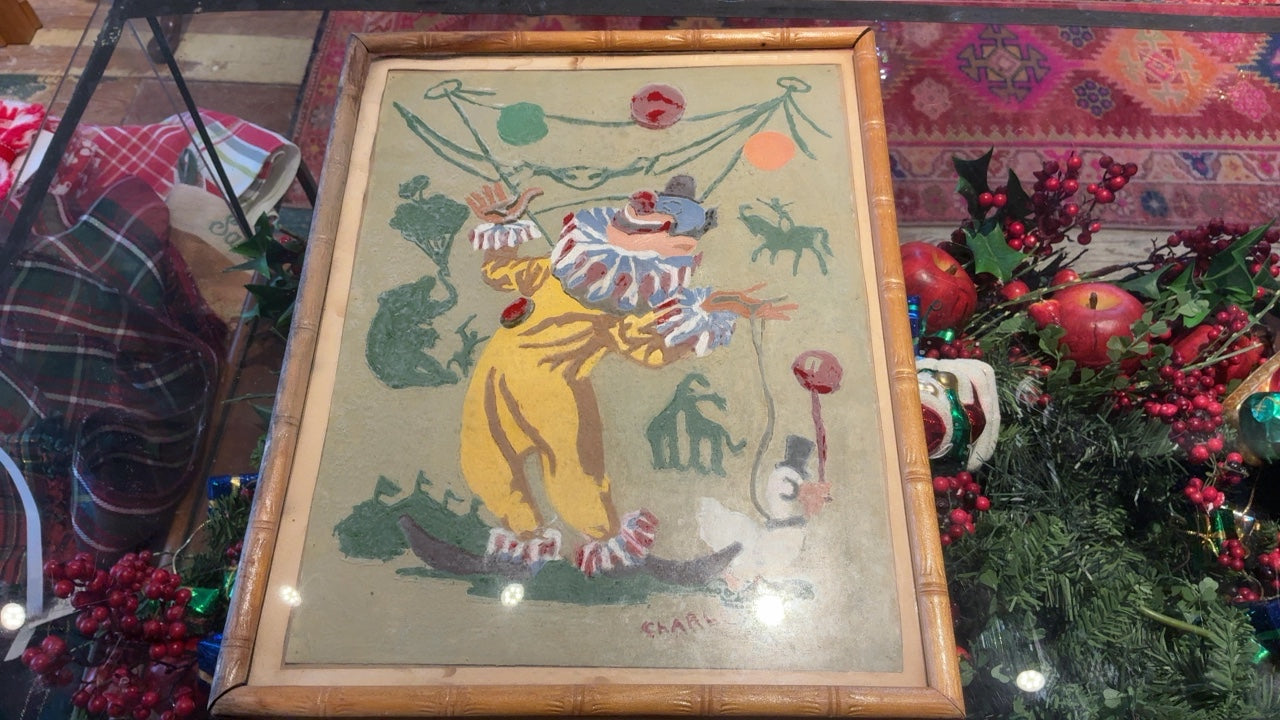 Embroidered Clown Vintage Art in Bamboo Frame
