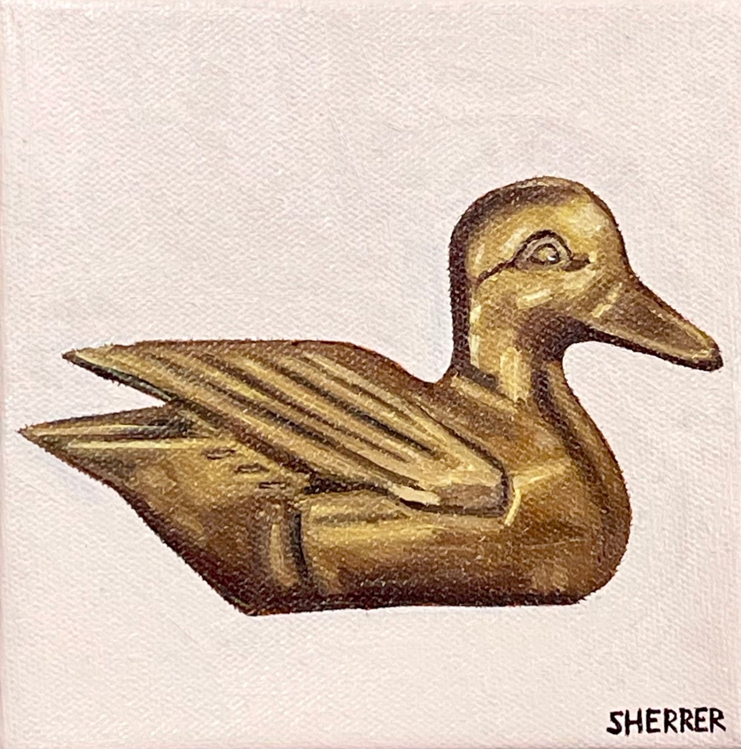 "Brass Duck" by Caroline Sherrer, Oil on Canvas, 6x6"