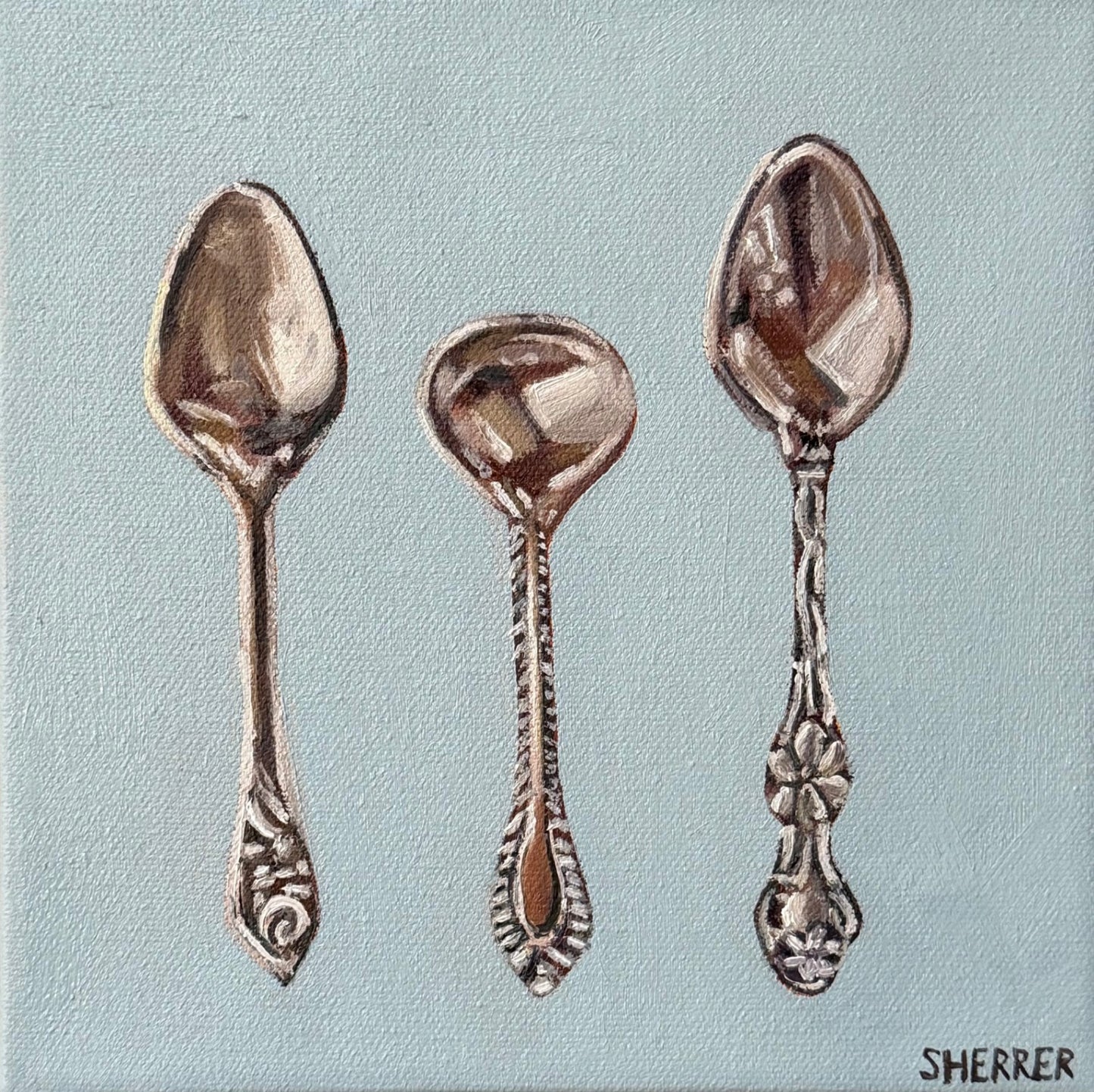 "Jo's Silver in Blue" by Caroline Sherrer, Oil on Canvas, 8x8"