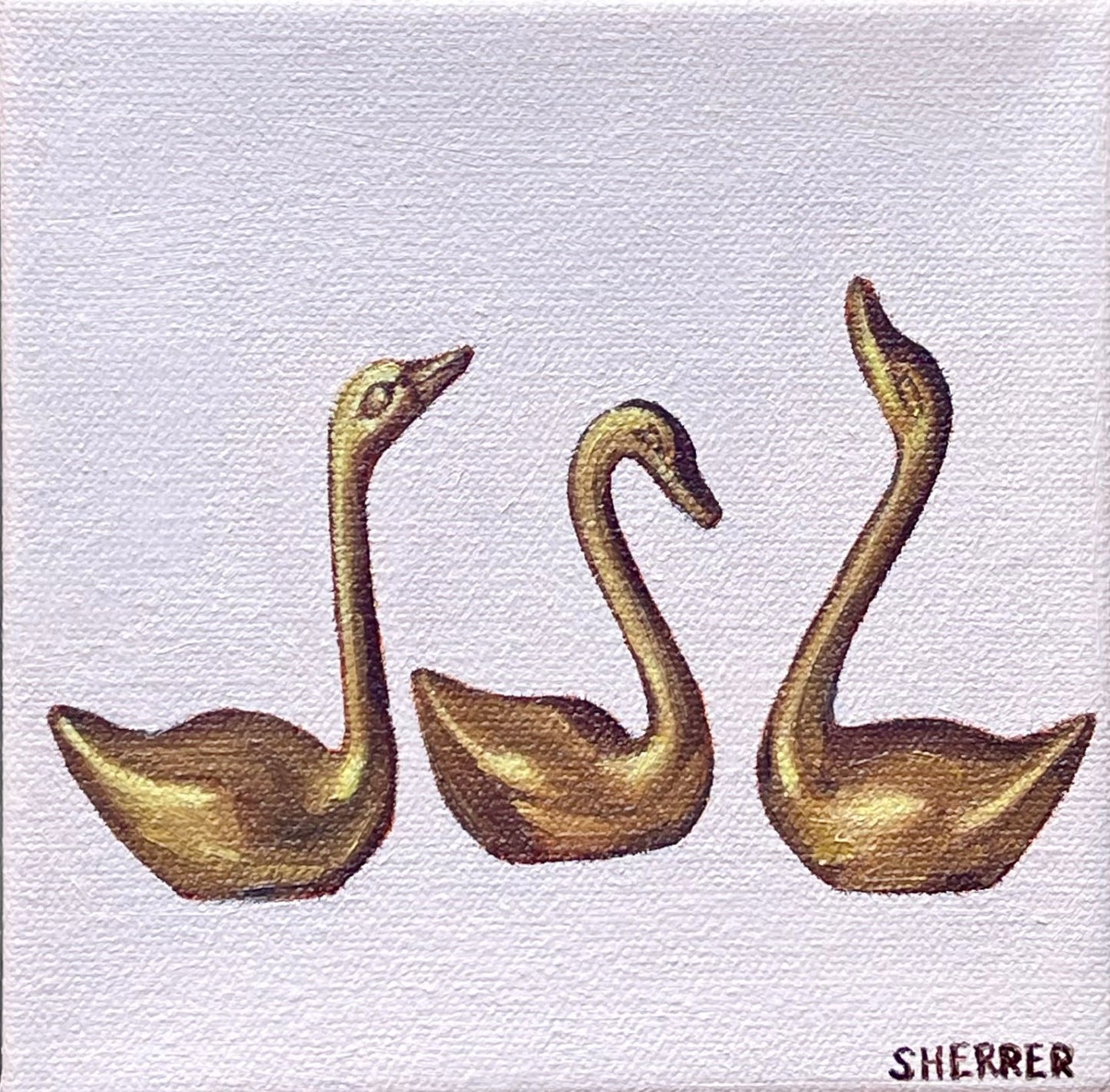 "Brass Swans" by Caroline Sherrer, Oil on Canvas, 6x6"