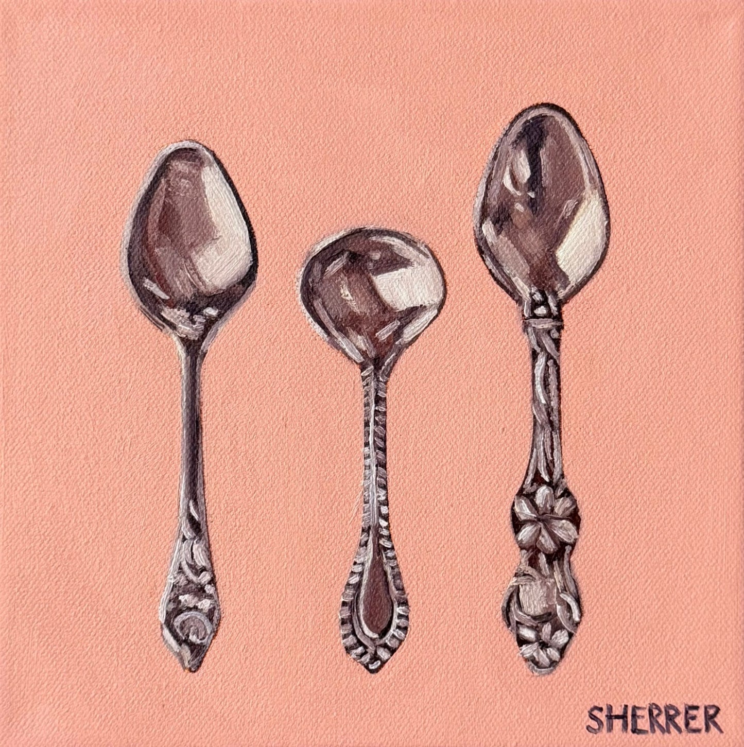 "Jo's Silver in Pink" by Caroline Sherrer, Oil on Canvas, 8x8"