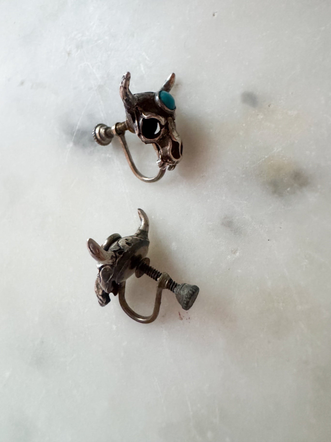 Vintage Silver Skull Bull with Turquoise Earrings