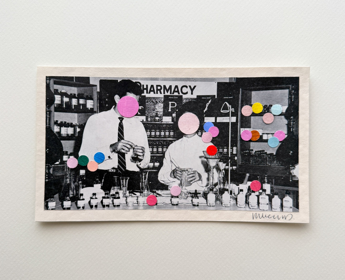 “Ask Your Pharmacist” by Rebecca Dodson, collage on paper, 4.5” x 8”