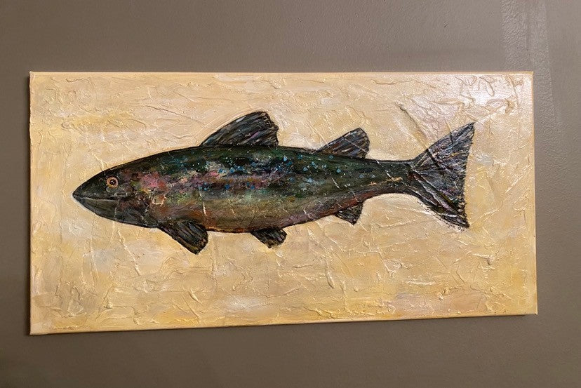 Natalie Hutchins Thomasmeyer Art, Rainbow Trout Painting 24" x 12" Multicolor