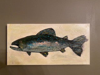 Arctic Char -Fish Painting 20 x10 Multicolored (predominantly dark green and black with hints of blue and beige background)