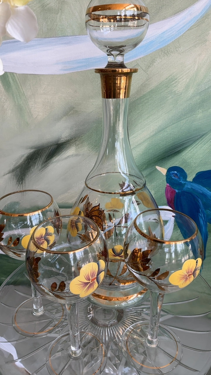 Liquor Decanter and Glassware Set Yellow/Gold Floral (LP)