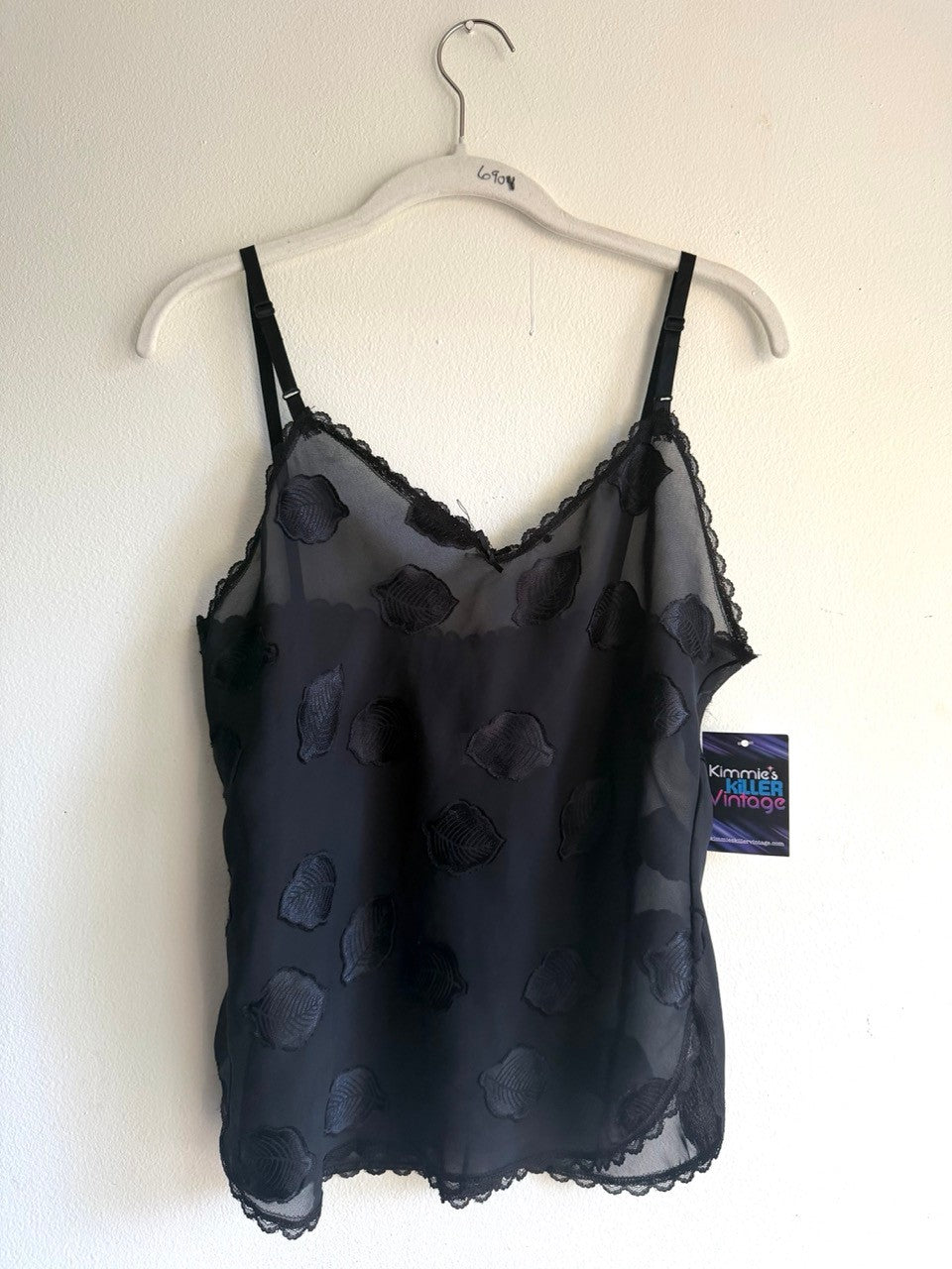 80s black semi sheer leaf cami/slip set