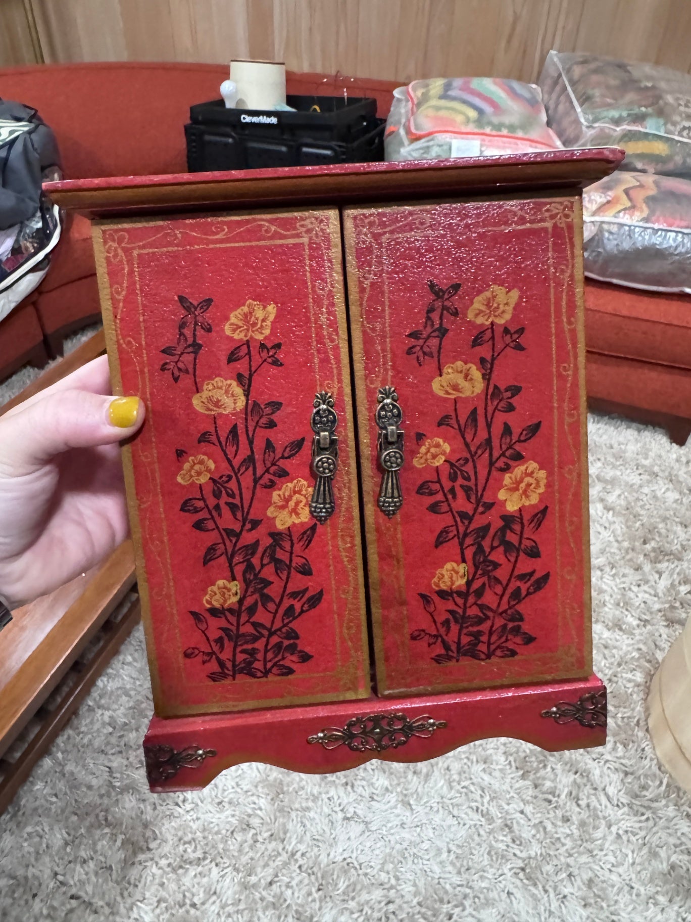 Vintage Red and Gold Painted Jewelry Box