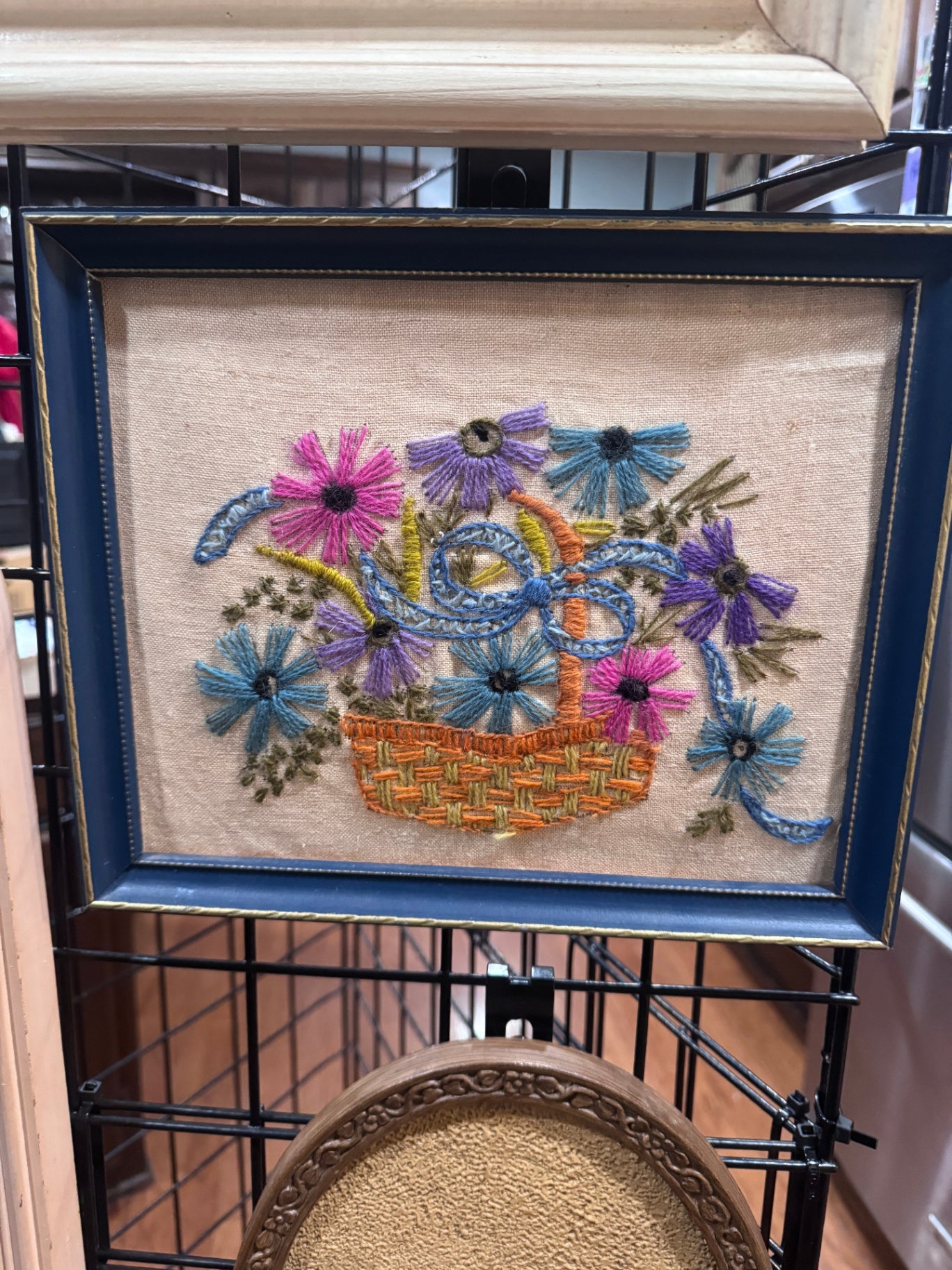 Vintage 1970s Yarn Flower Crewel