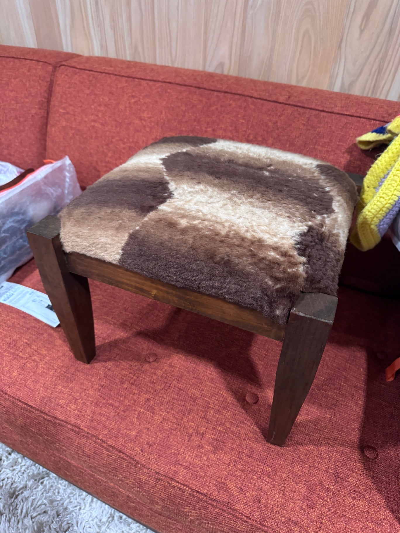 Vintage MCM Animal Hide Wooden Stool