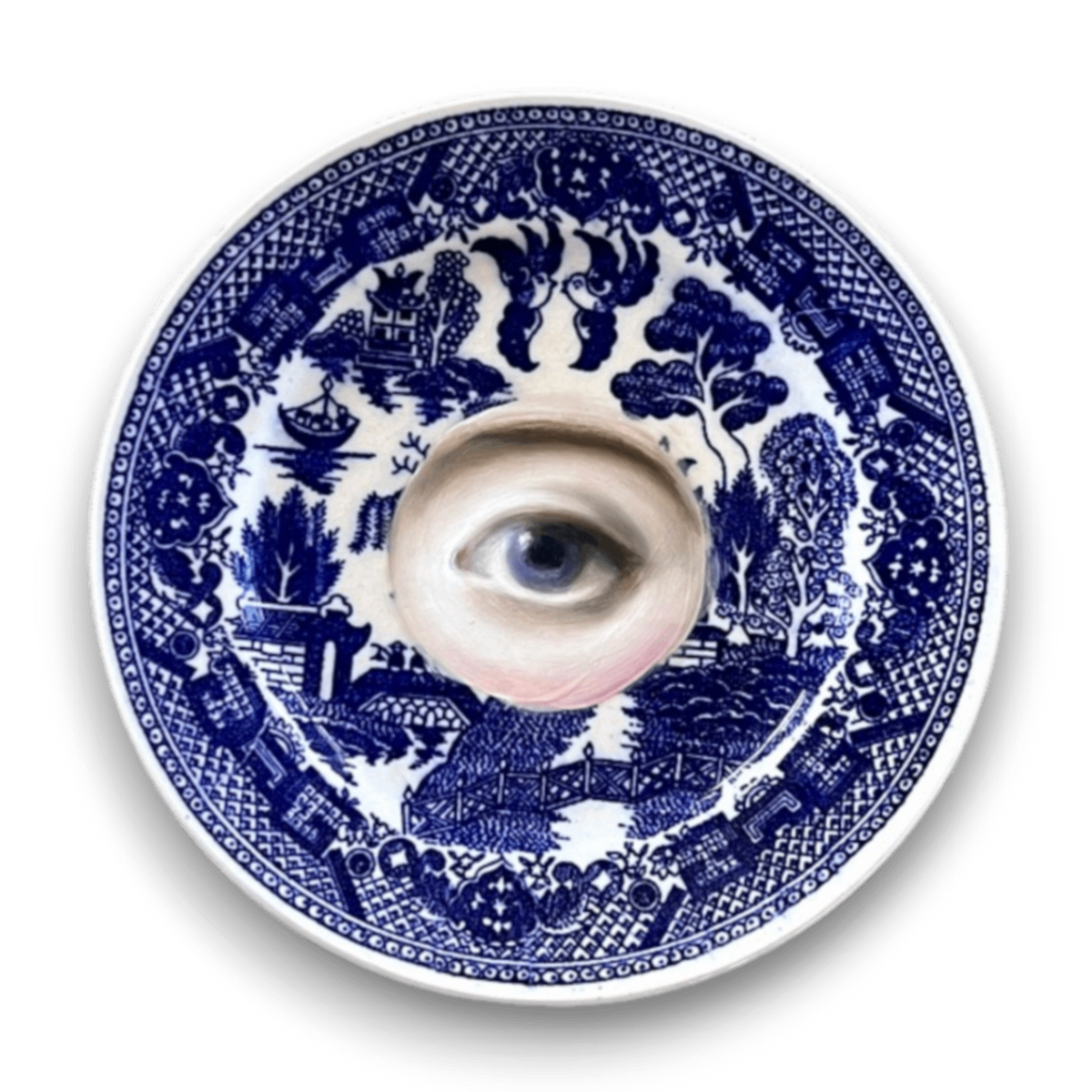 No. 3598 Lover's Eye Painting on a Blue Willow Staffordshire Plate by Susannah Carson