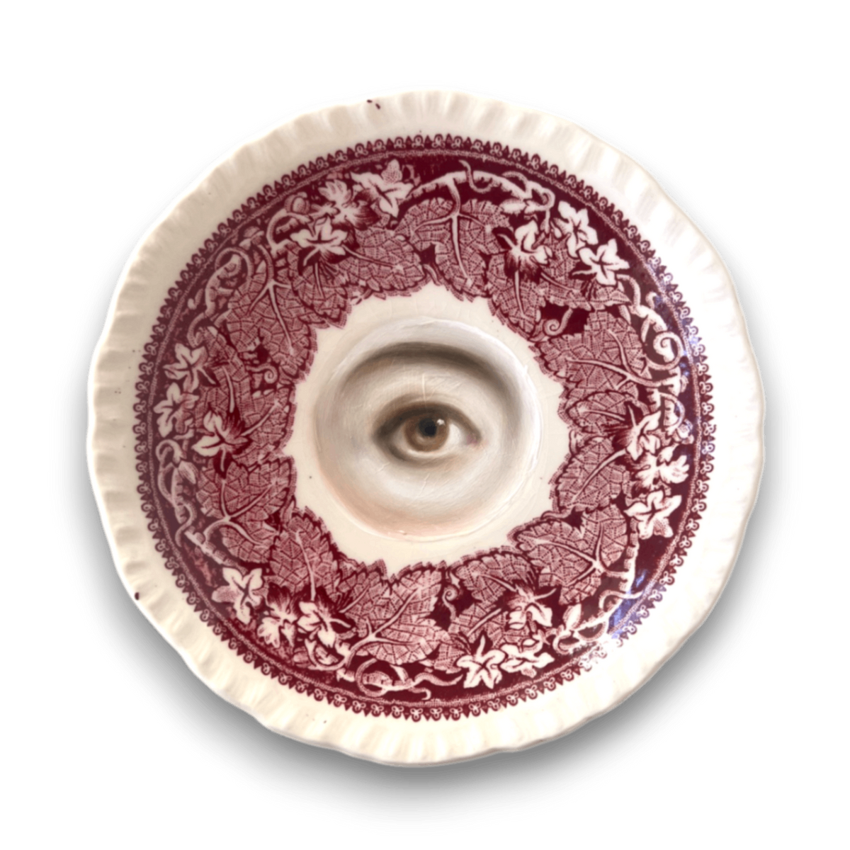 No. 3174 Lover's Eye Painting on an English Red Ivy Transferware Plate by Susannah Carson