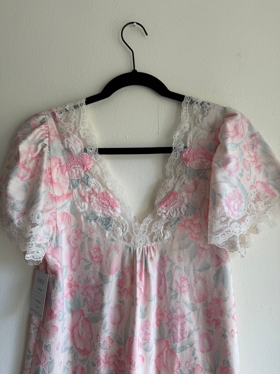 70s floral lace trim beaded slip dress/ night gown