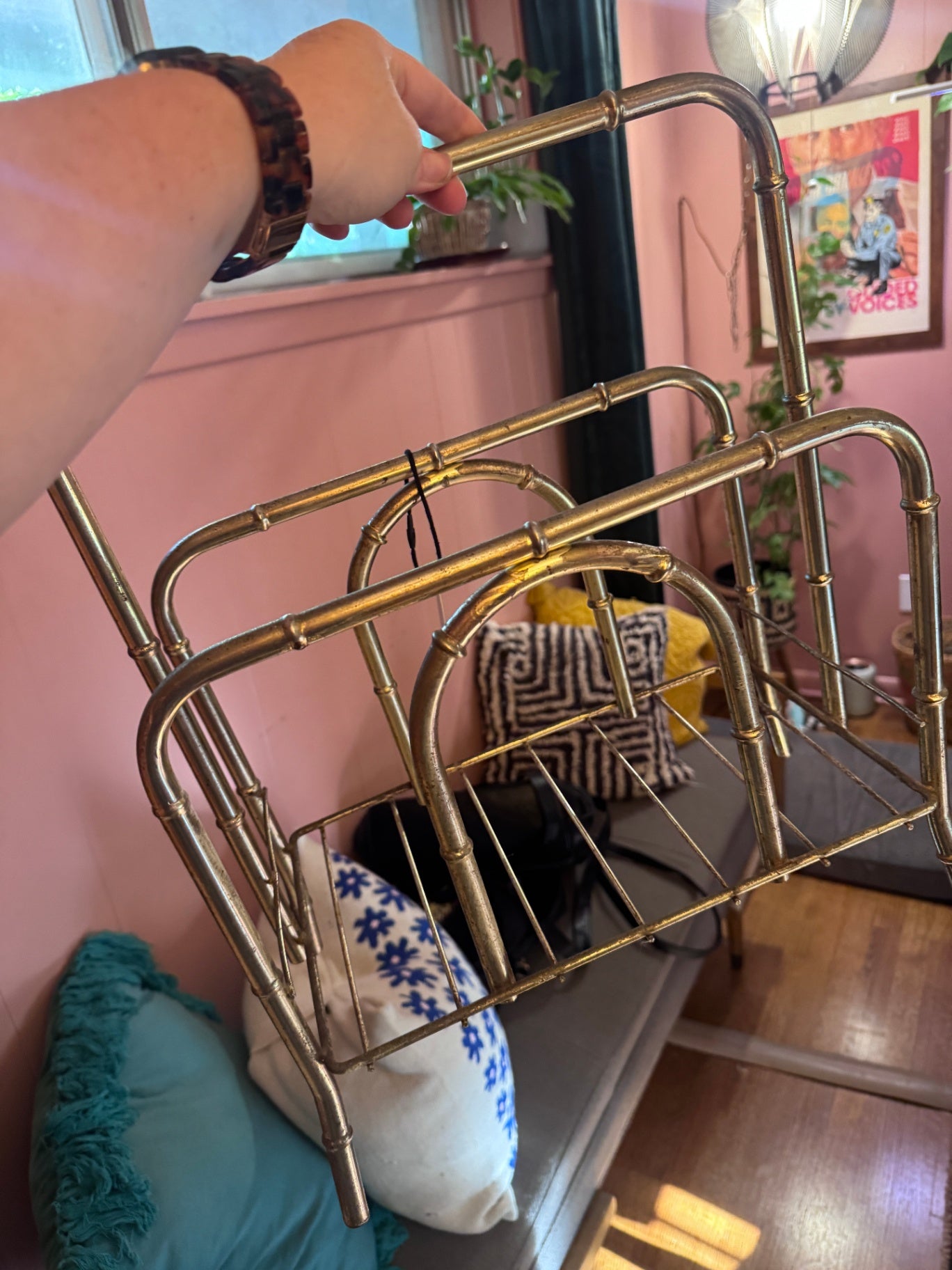 Vintage Hollywood Regency Faux Bamboo Brass Magazine Rack