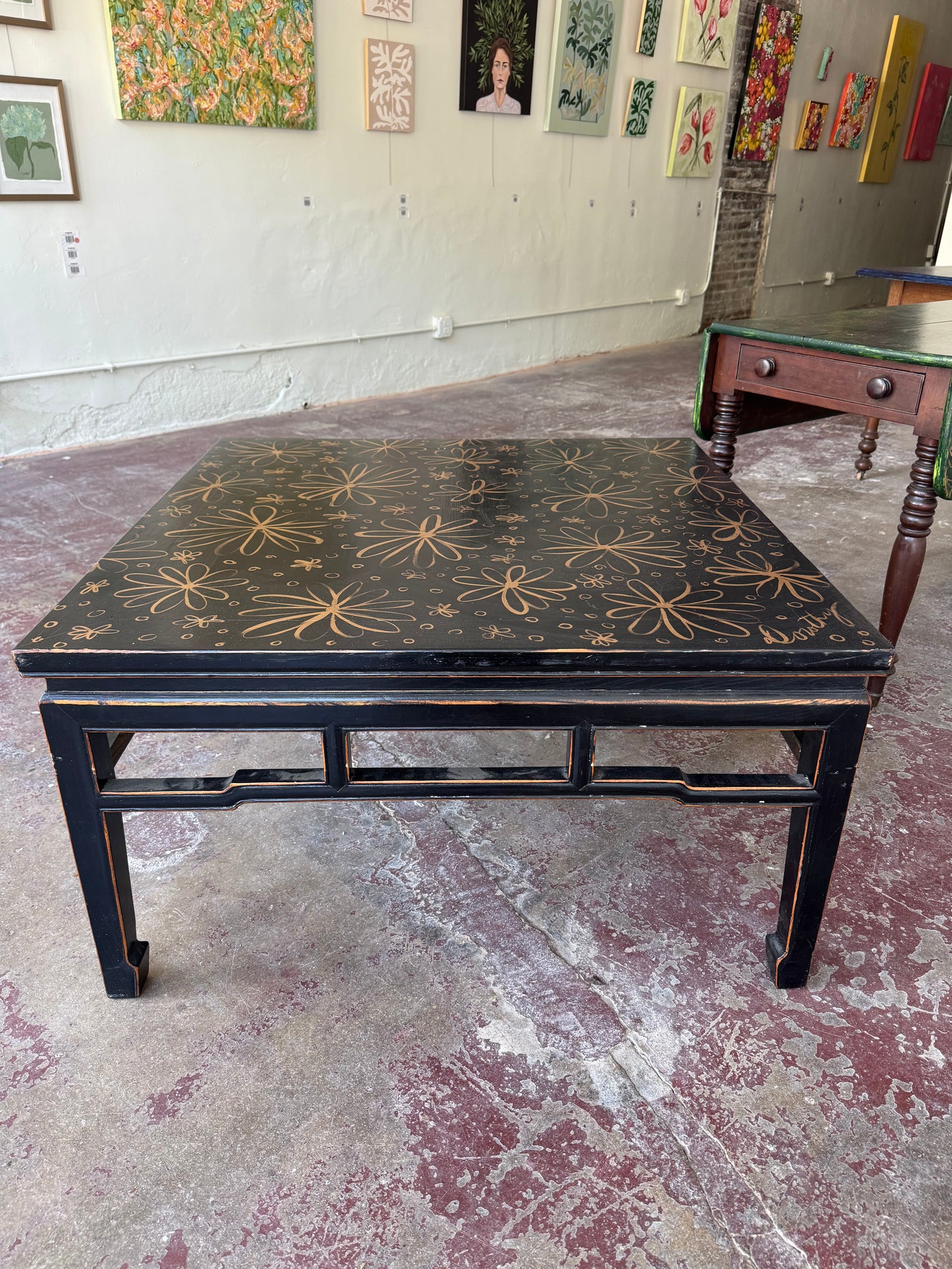 ”Midnight Bloom” by Dorothy Art, mixed media on vintage coffee table