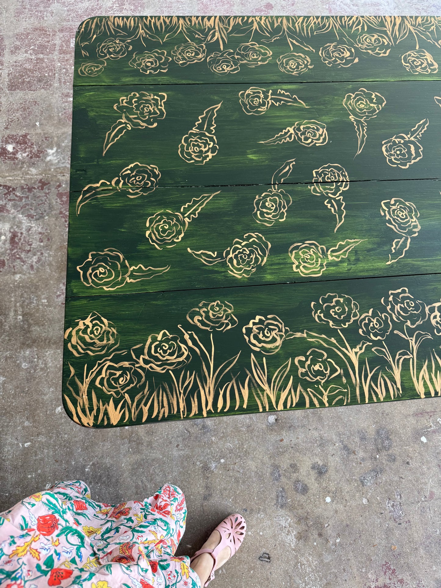 “Enchanted Meadow” by Dorothy Collier, mixed media on vintage drop leaf game table