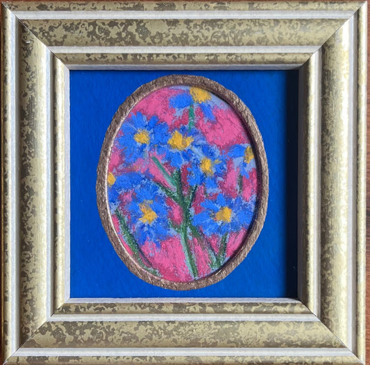 “Blue Daisies” by Sarah Therese, pastel on paper, 3x2