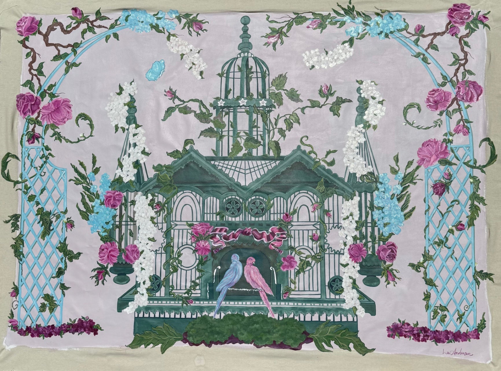 Sanctuary in Bloom by Lee Anderson Barnett, acrylic on raw canvas, 82”x62”