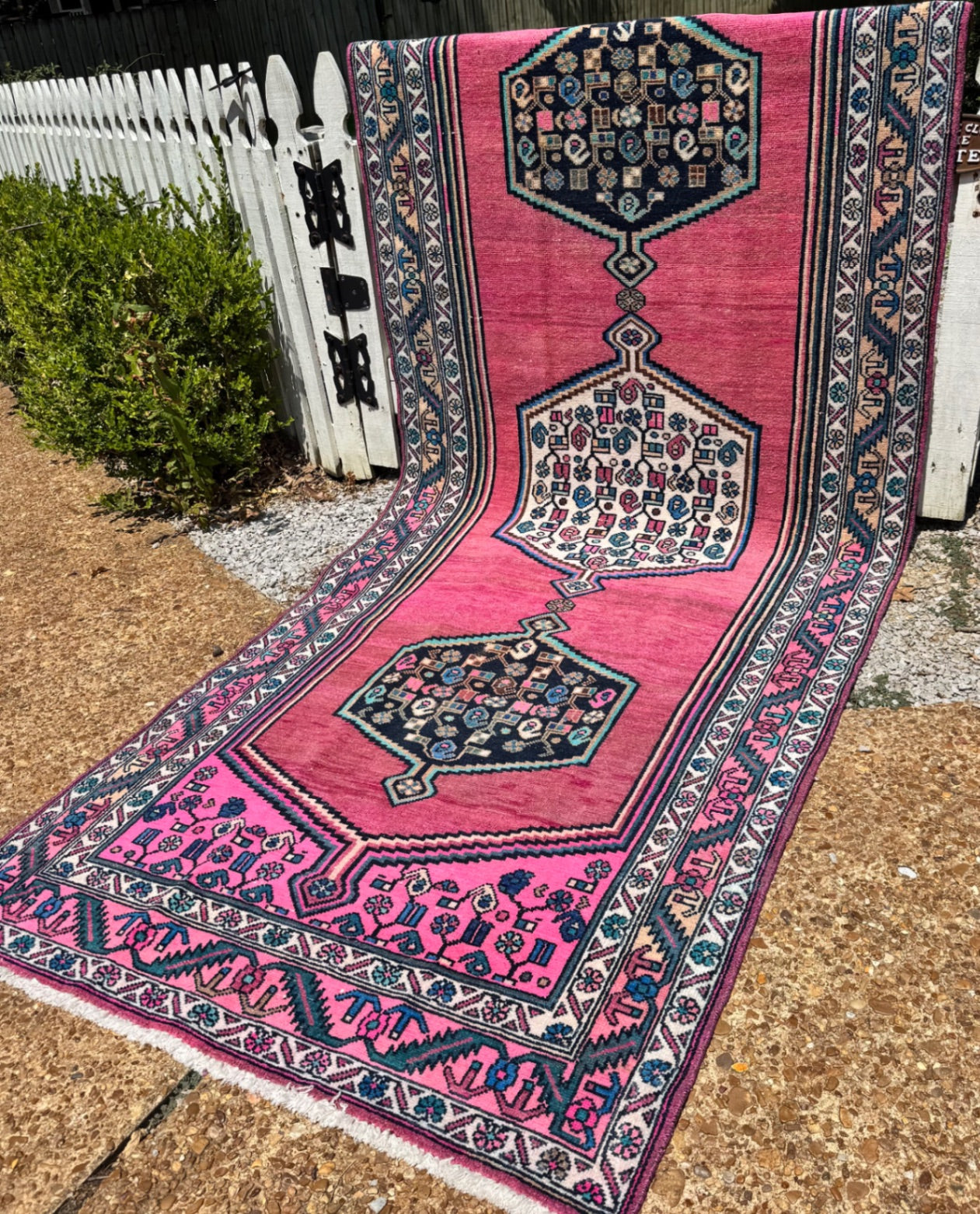 Vintage Turkish Rug 9'8" x 3'8" Pink, Black, Blue, Cream