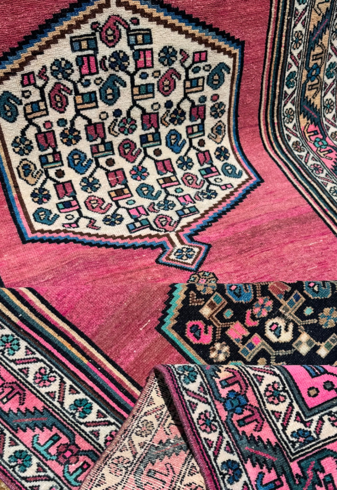 Vintage Turkish Rug 9'8" x 3'8" Pink, Black, Blue, Cream
