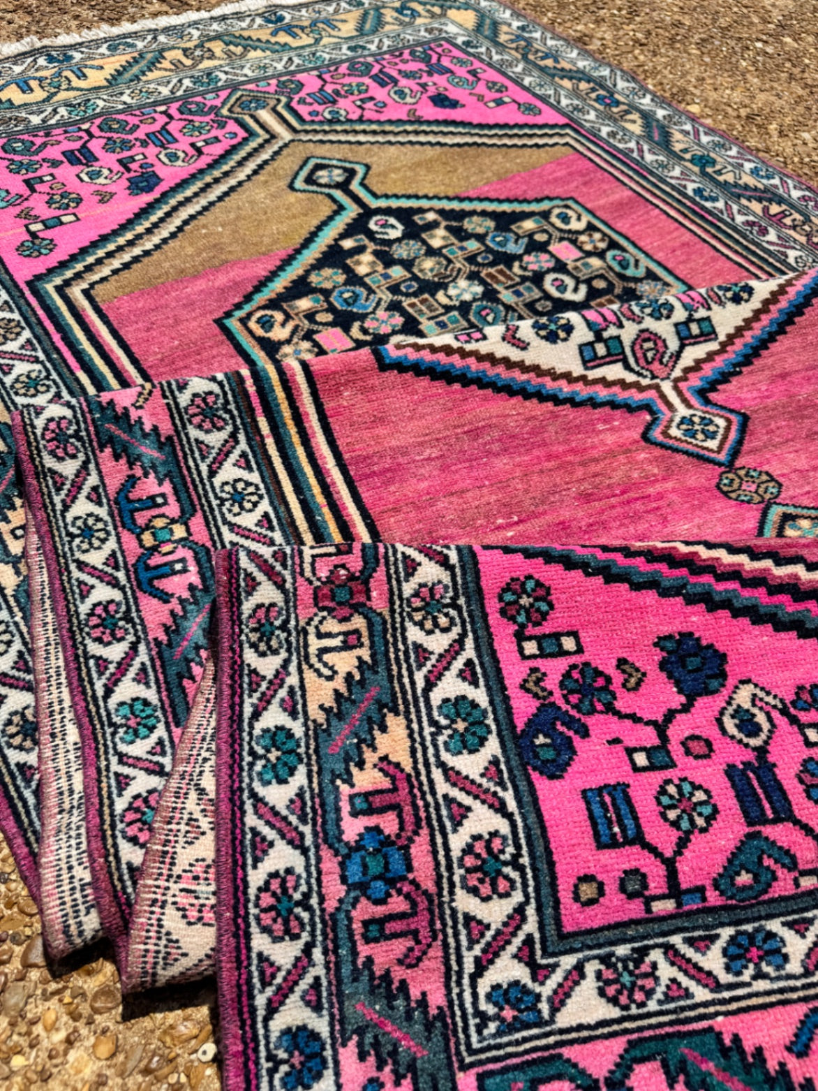 Vintage Turkish Rug 9'8" x 3'8" Pink, Black, Blue, Cream