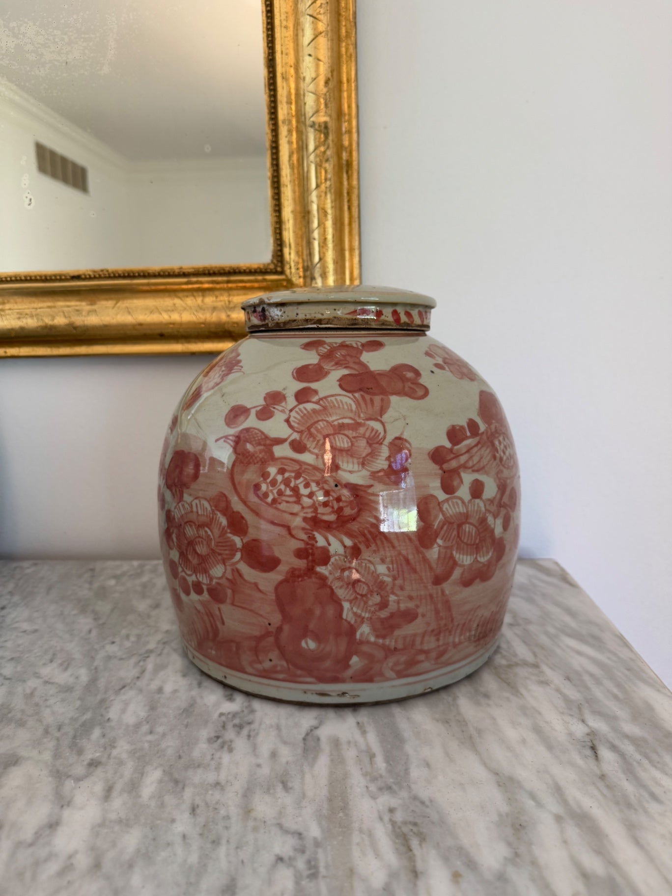 Coral Pheasant Ginger Jar 9.5” x 9.5”