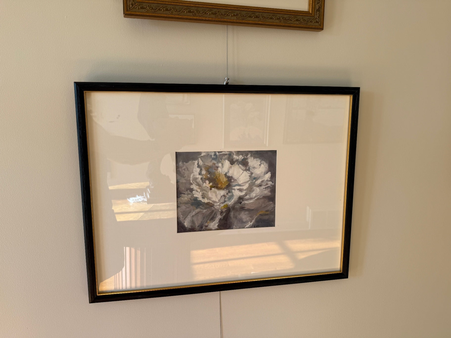 Not specified Artwork 19 1/4 x 25 1/4, artwork 7 3/4 x 9 3/4 Gray and White, touches of blue and gold