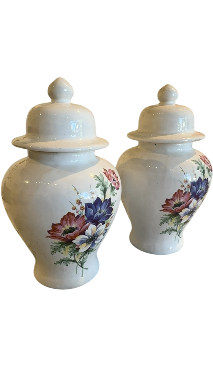 Pair of white ginger jars with florals 