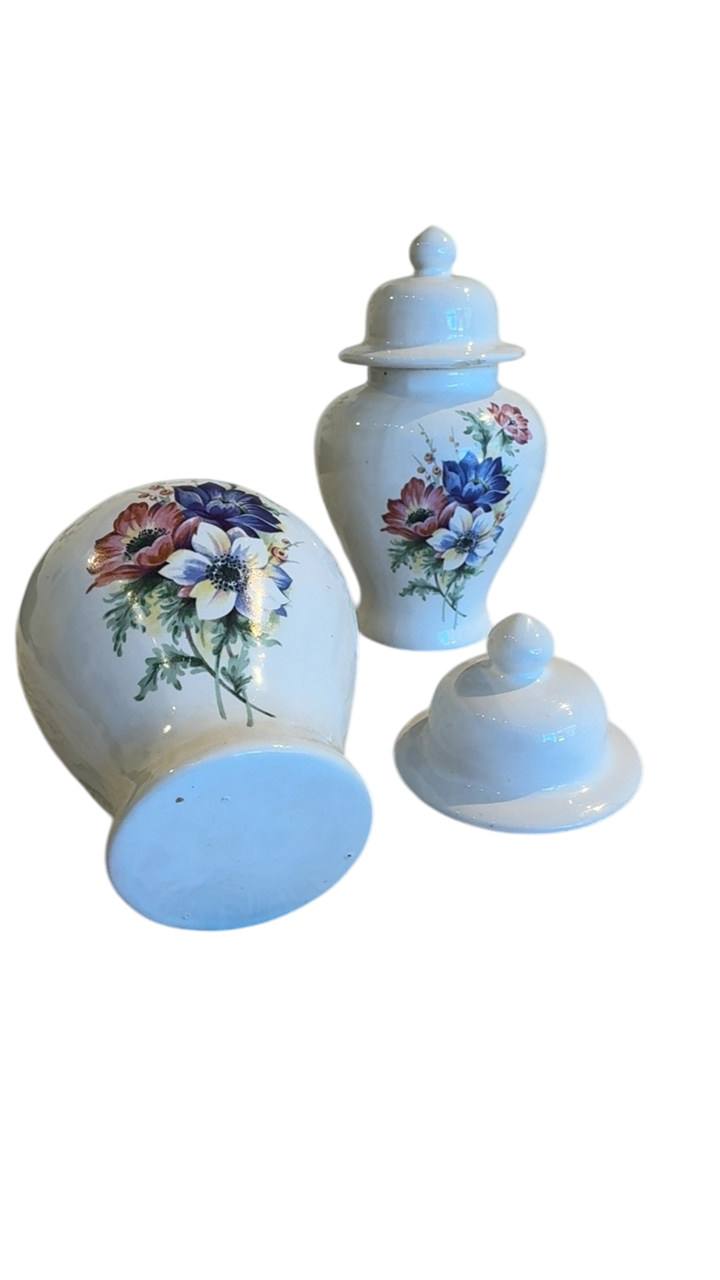 Pair of white ginger jars with florals 