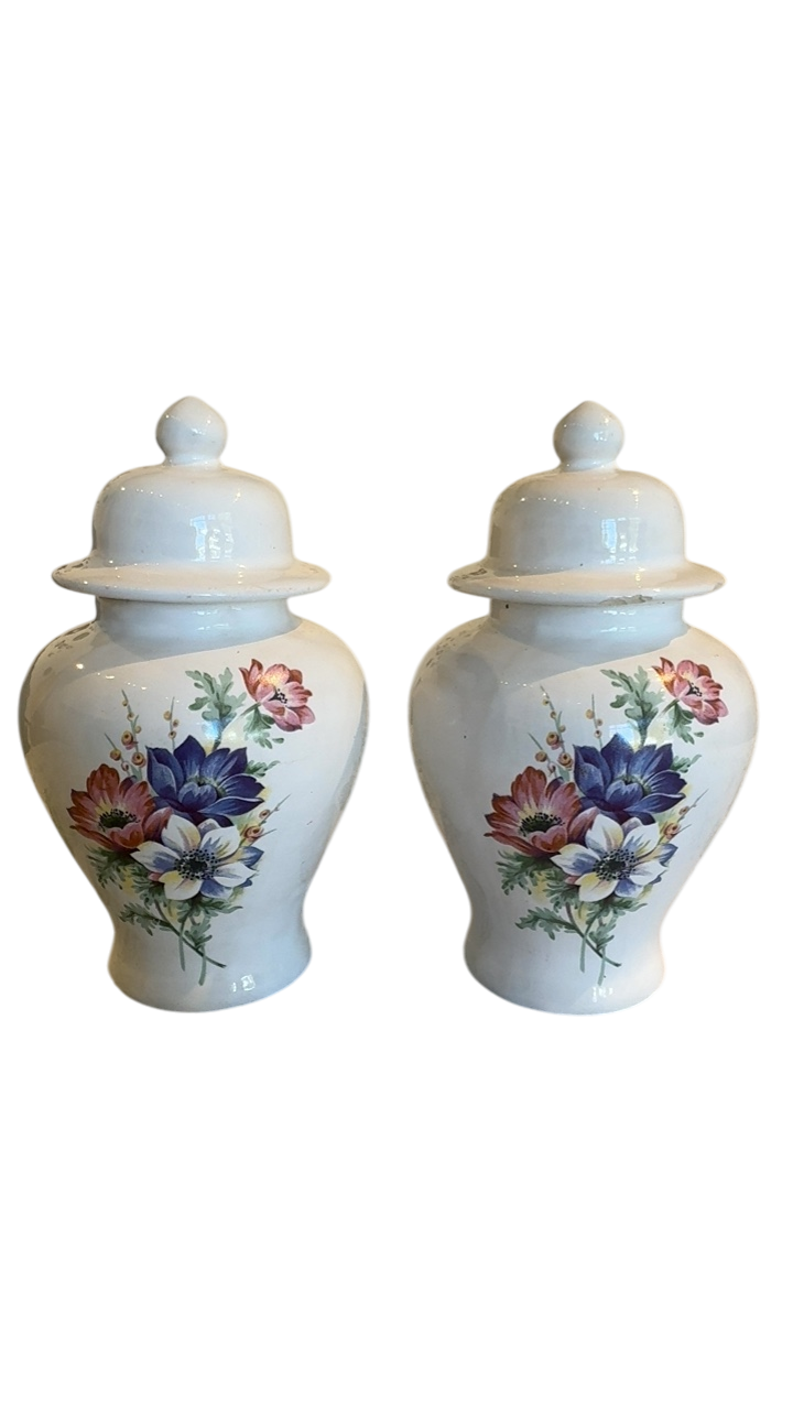 Pair of white ginger jars with florals 