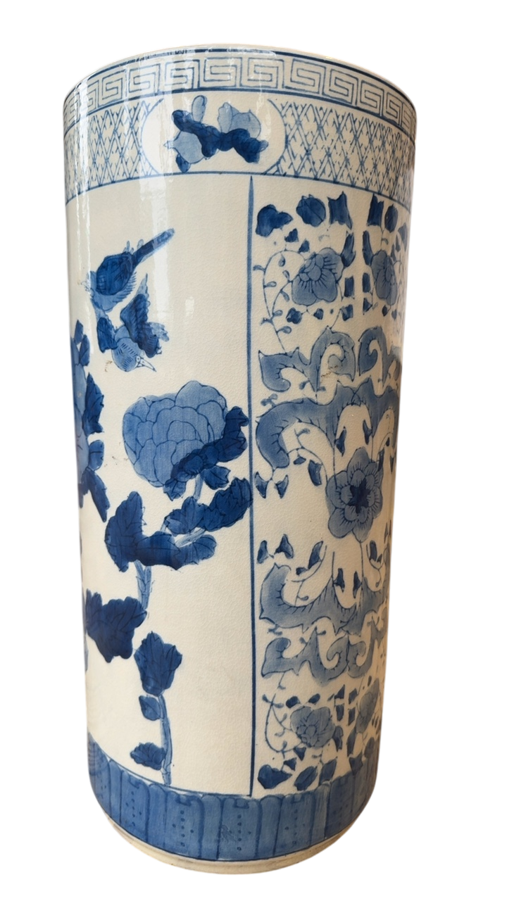 Vase 9x9x18.5” Blue and white