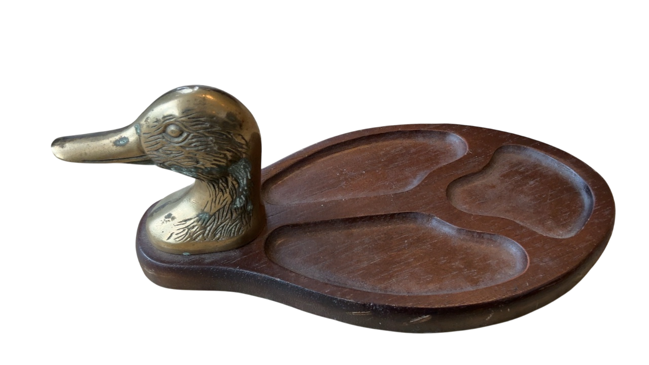 Brass and Wood Duck Trinket Dish