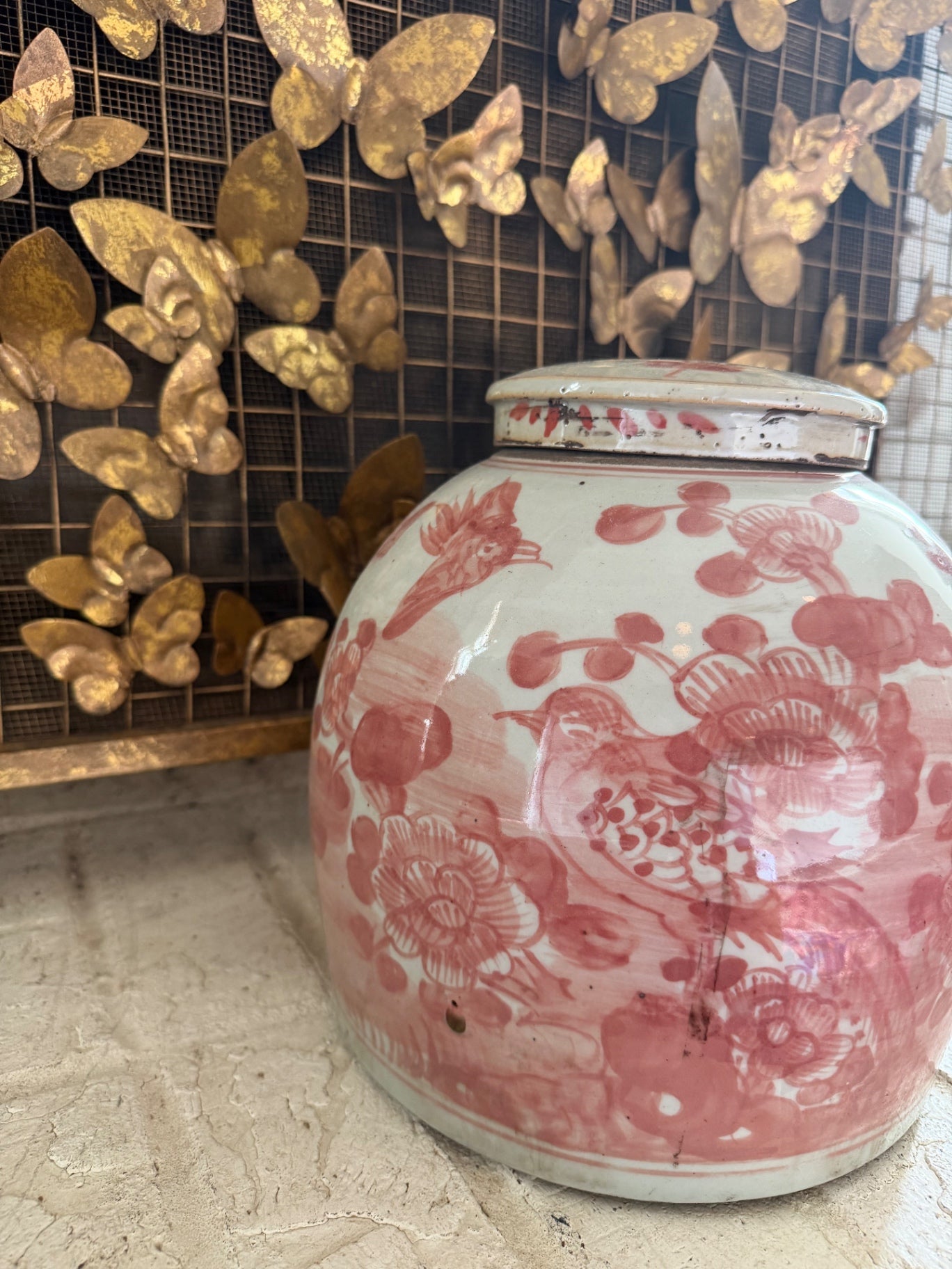 Coral Pheasant Ginger Jar 9.5” x 9.5”