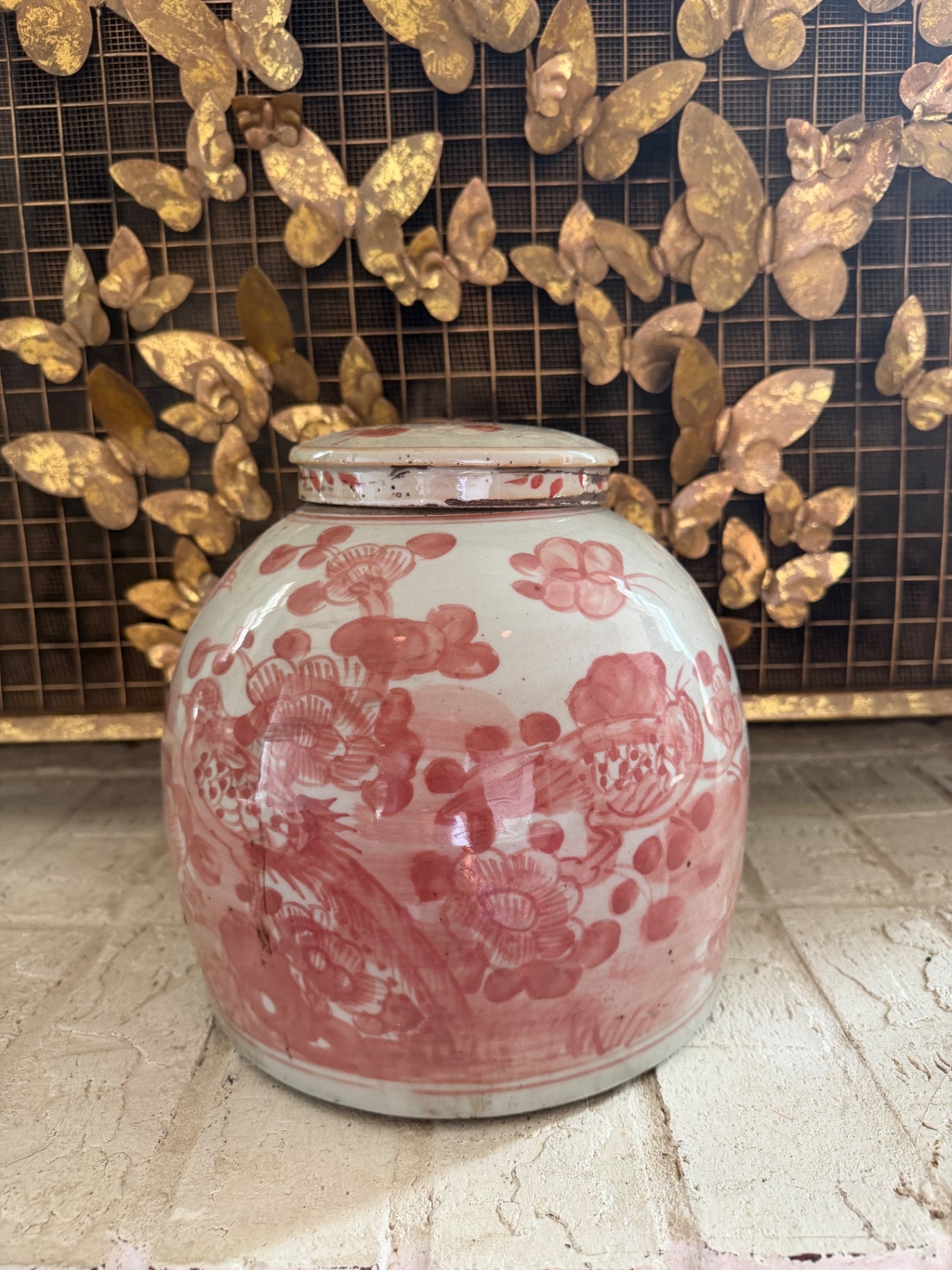 Coral Pheasant Ginger Jar 9.5” x 9.5”