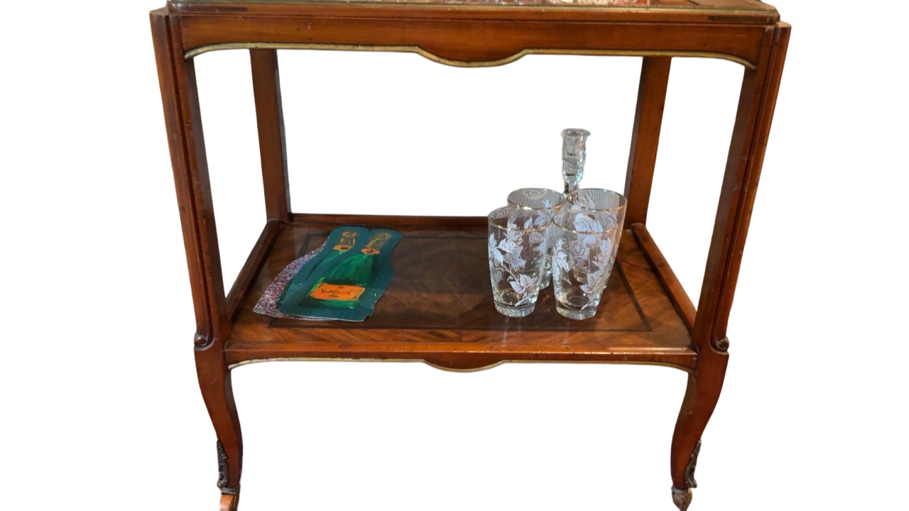 Vintage Inlaid Wood Bar Cart with Removable Tray 