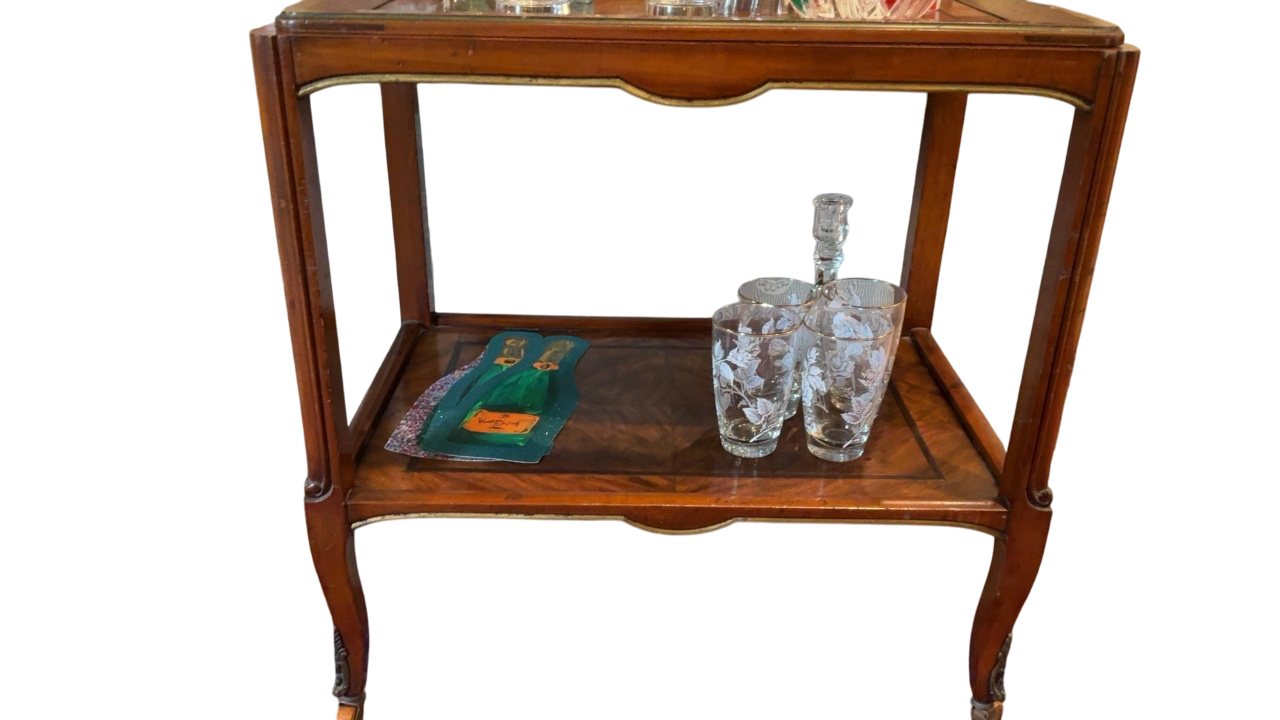 Vintage Inlaid Wood Bar Cart with Removable Tray 