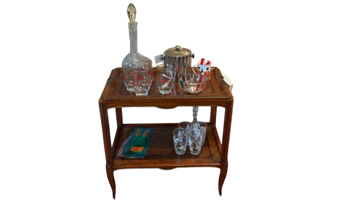 Vintage Inlaid Wood Bar Cart with Removable Tray 