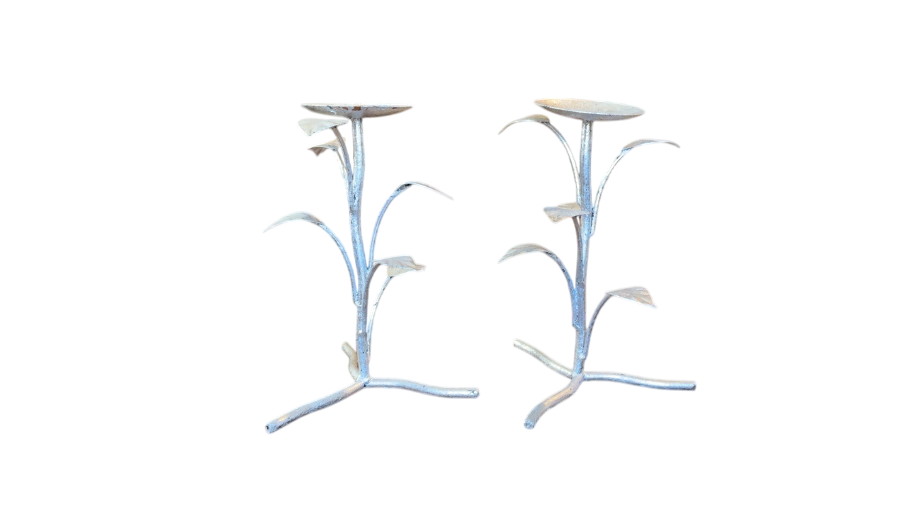 Pair of silver leaf metal candlesticks