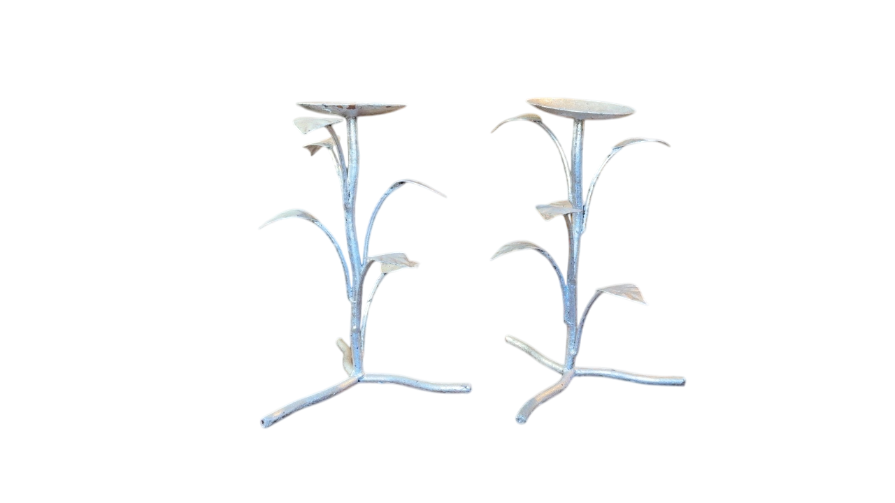 Pair of silver leaf metal candlesticks