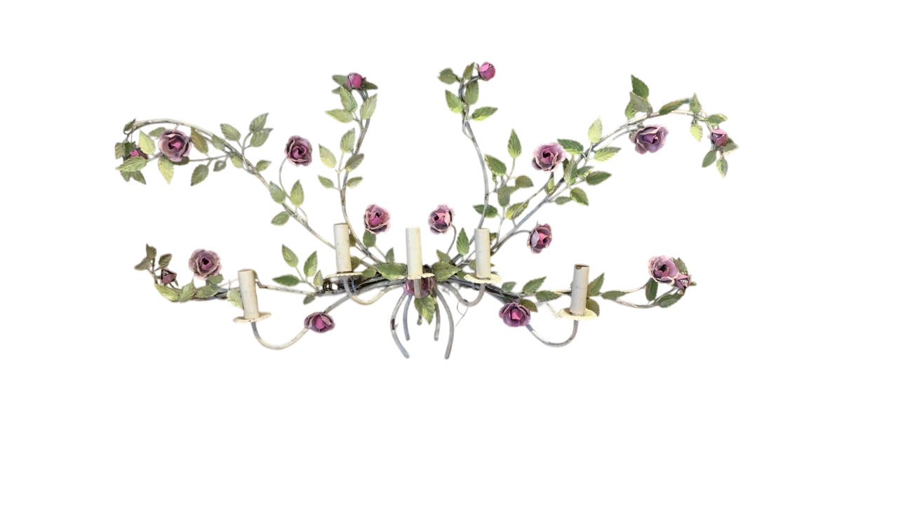 Metal Tole Chandelier 25”x45” Piece in White and Pink