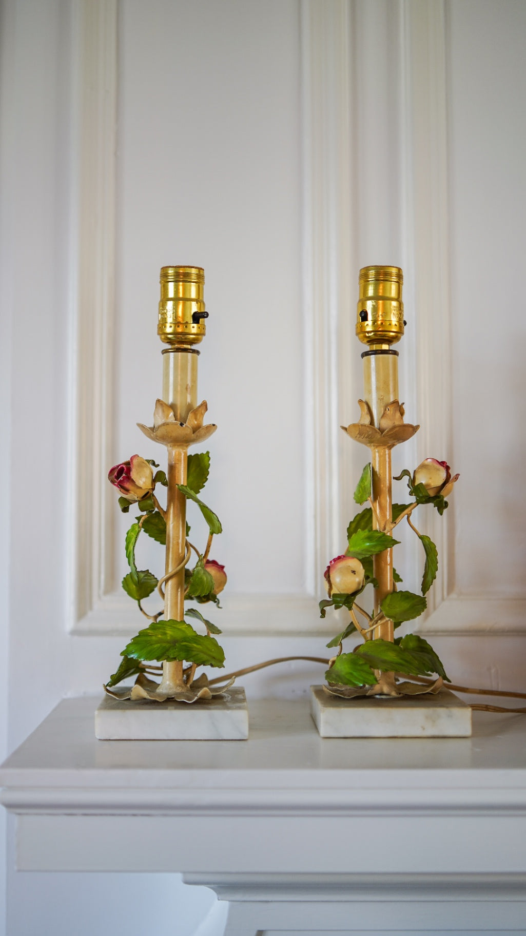 Pair of vintage floral tole lamps