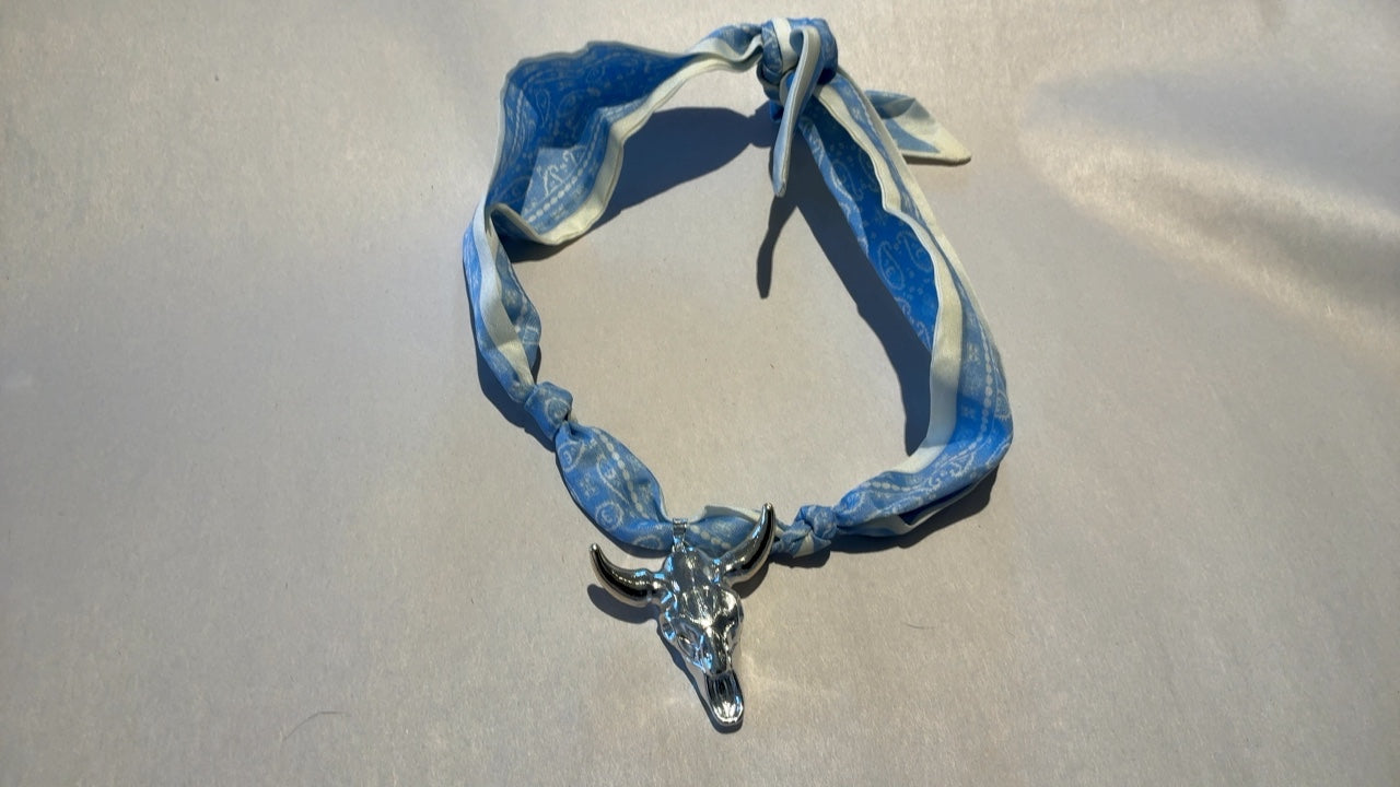 Longhorn Skull with Light Blue Scarf